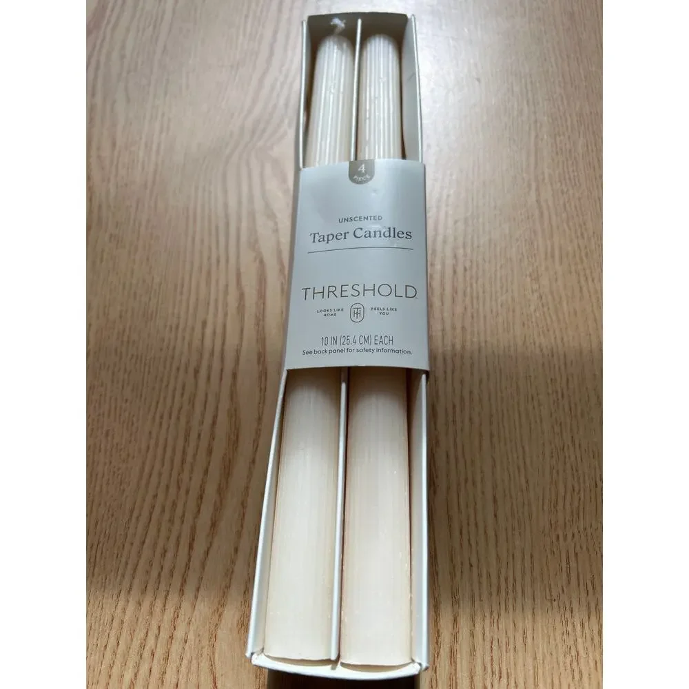 New Threshold 4pk Taper Candles Unscented Up to 6hrs Burn Time Cream size 10”